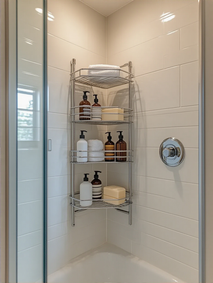 Modern bathroom shower with a discreet stainless steel shower caddy neatly holding toiletries in a corner, creating an organized and clutter-free space