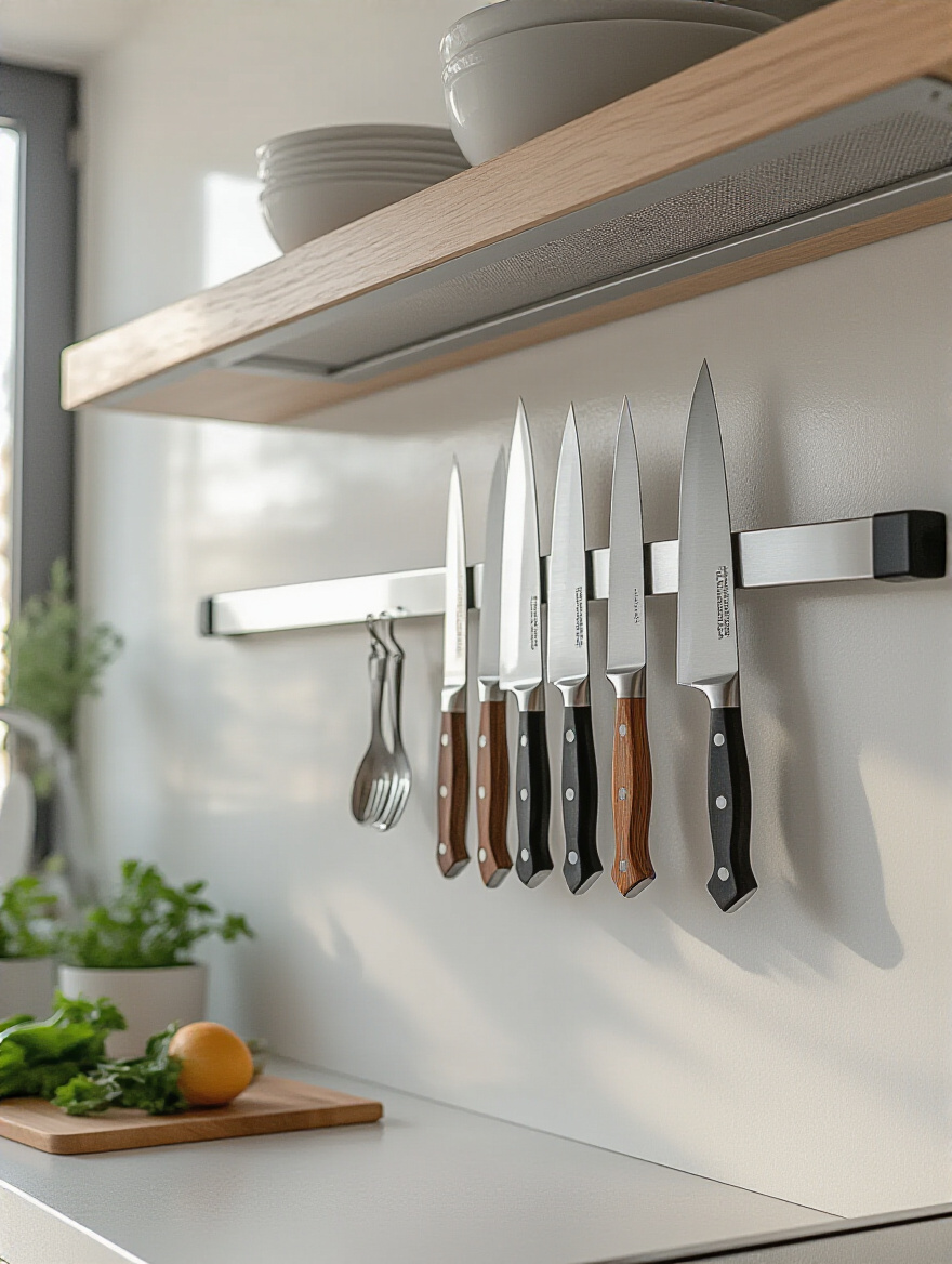 Modern kitchen wall-mounted magnetic knife strip holding knives neatly above white countertop