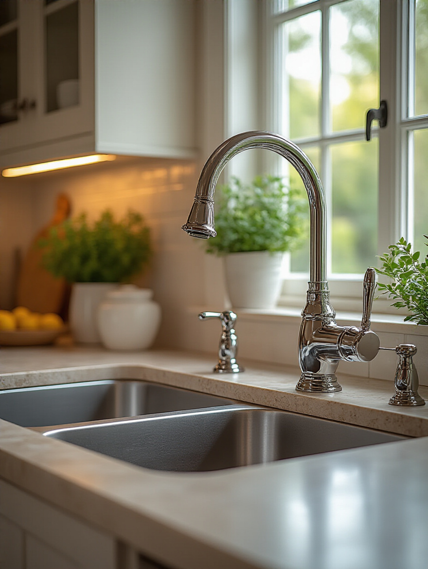 Modern kitchen with a newly installed faucet above a farmhouse sink