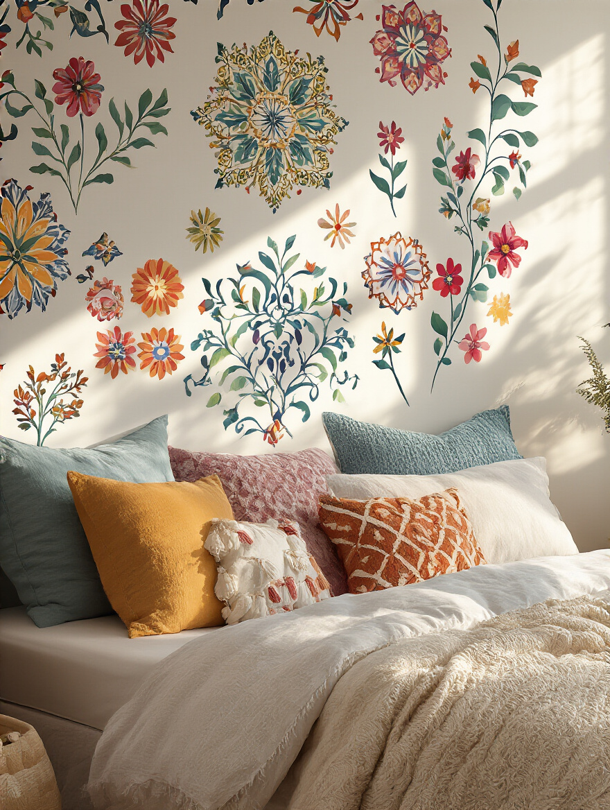 Colorful peel-and-stick decals on a bedroom wall showcasing intricate patterns and designs.