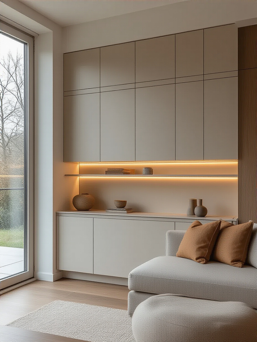 Modern living room with integrated wall cabinetry featuring built-in storage and subtle LED lighting