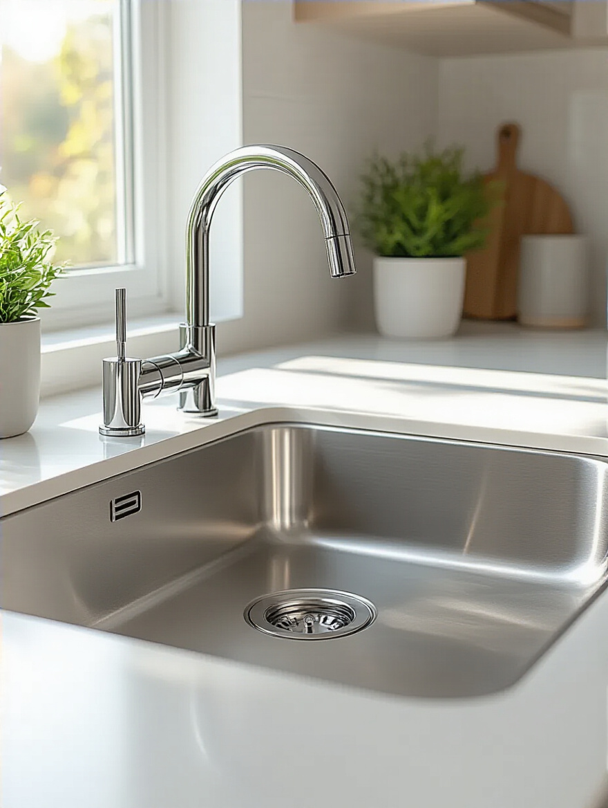 Modern kitchen sink with a sleek smart touchless faucet on a white quartz countertop under natural light