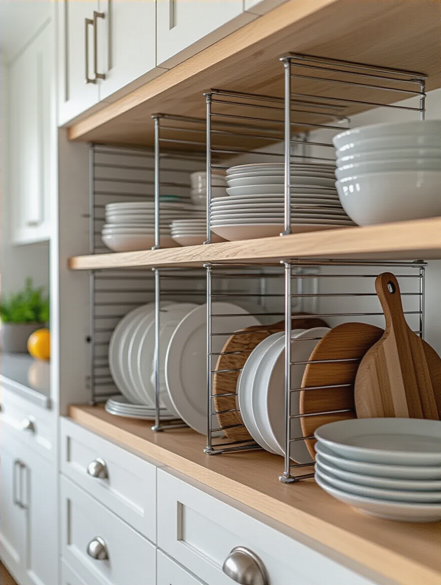 Vertical shelf dividers organizing plates and bakeware neatly inside a kitchen cabinet