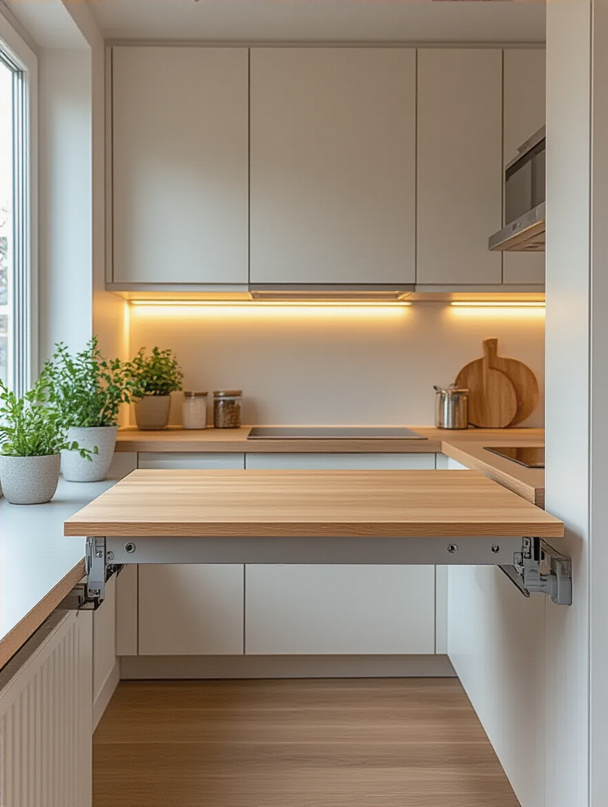 Modern compact kitchen with light wood wall-mounted foldable table extended against white wall, showcasing space-saving furniture