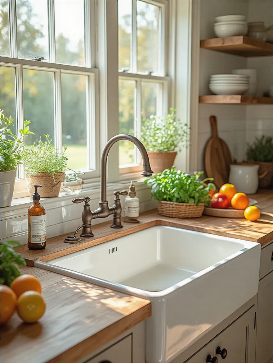 Professional photo of a deep apron-front sink in a farmhouse kitchen with natural light.