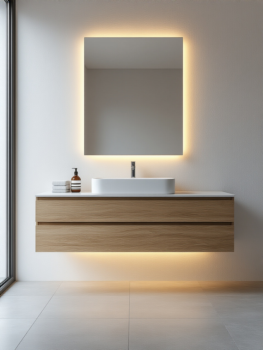 Modern bathroom with a natural wood floating vanity and under-cabinet lighting showcasing spacious design