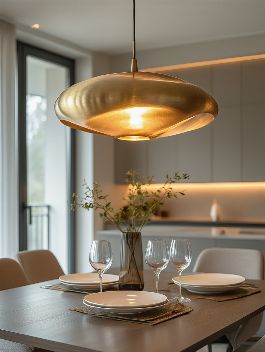 Modern dining room with a striking pendant light hanging above a sleek dining table, showcasing warm and inviting lighting.
