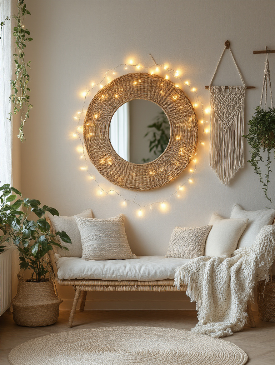 Boho living room wall with battery-operated fairy lights artfully strung around a wicker mirror and macrame decor, glowing warmly