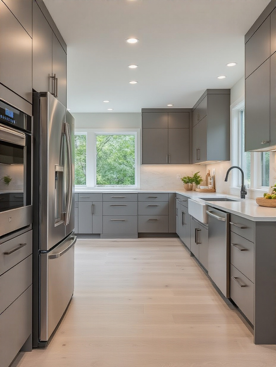 Modern kitchen with fully integrated built-in appliances and seamless custom cabinetry panels, no people