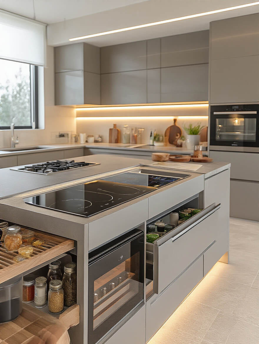 Modern kitchen island with integrated essential appliances including induction cooktop and undercounter refrigerator.