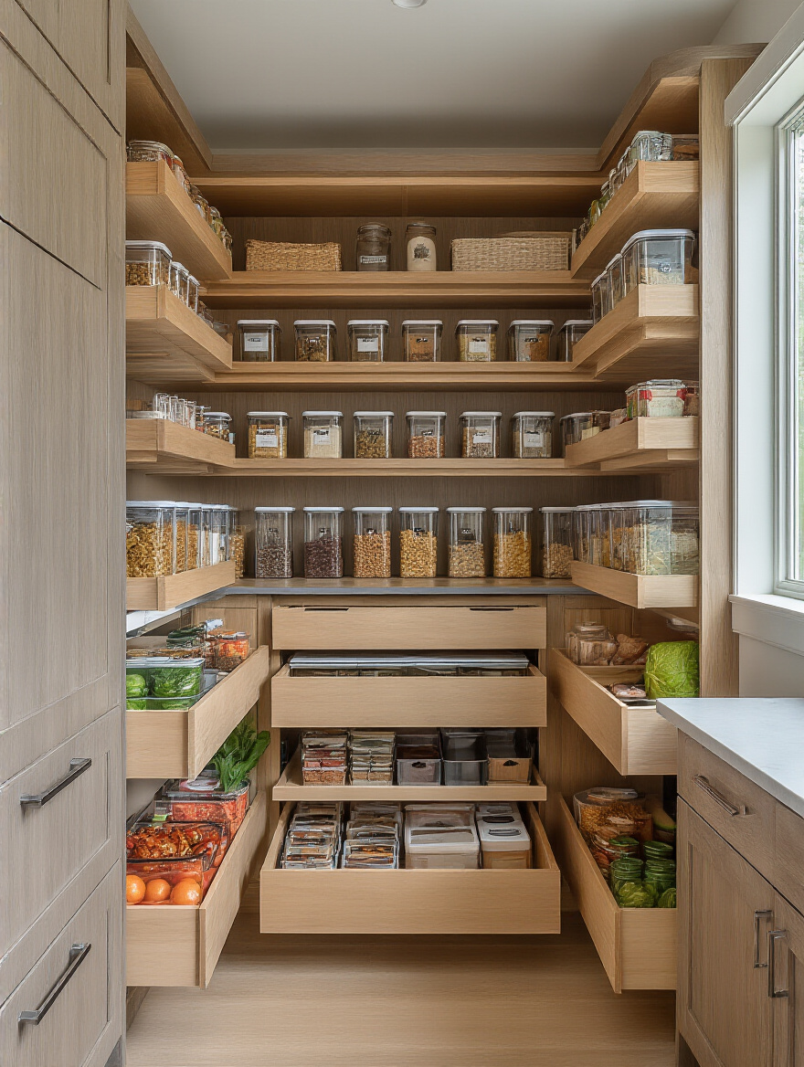 Modern kitchen pantry with clever pantry cabinets featuring pull-out drawers and organized food storage in clear containers