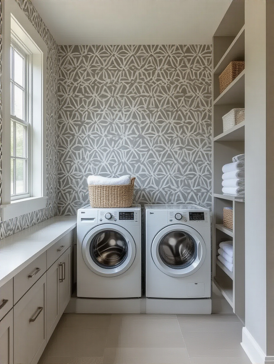 Modern laundry room with geometric print wallpaper featuring gray and white structured patterns, washer and dryer, and organized shelving