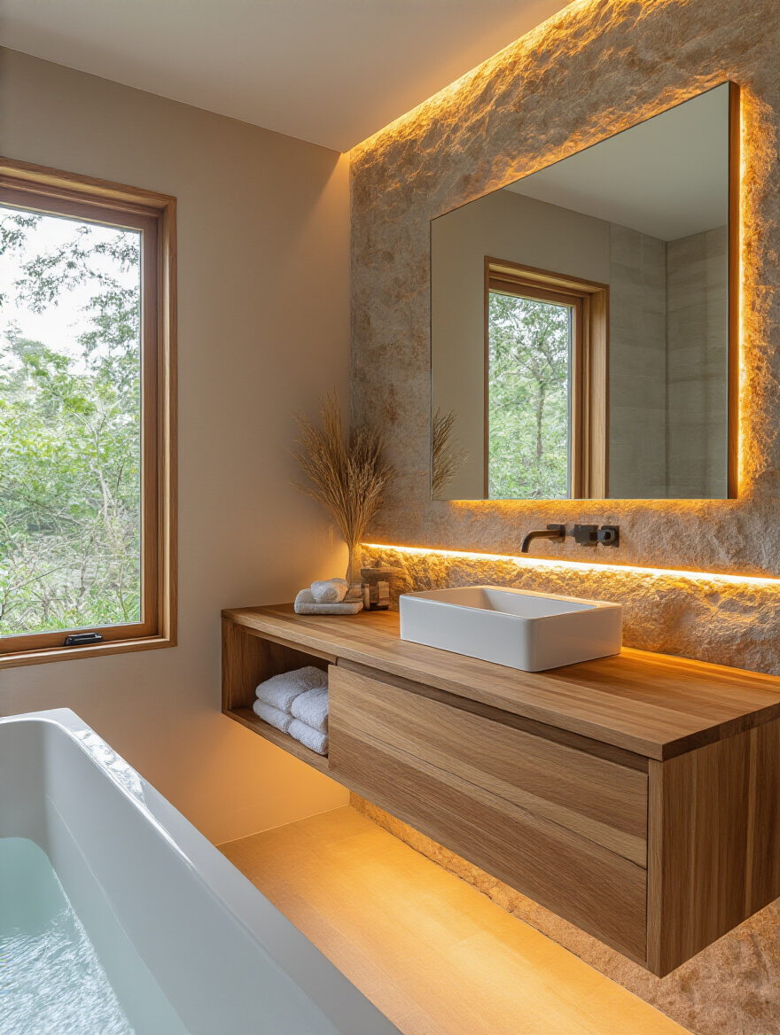 Modern bathroom featuring floating teak wood vanity and stone accent wall with warm lighting