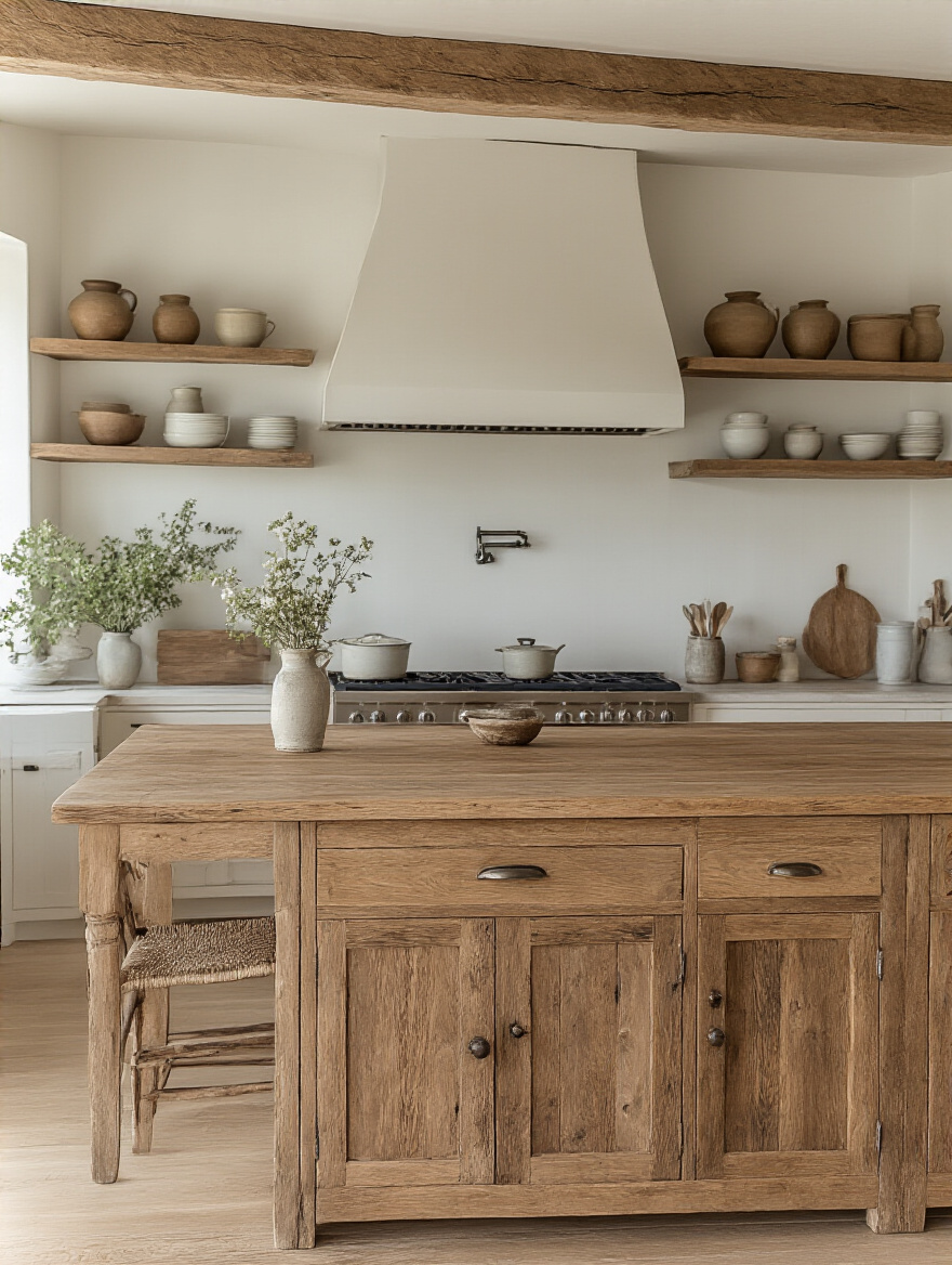 Cozy farmhouse kitchen with natural wood elements and vintage ceramics