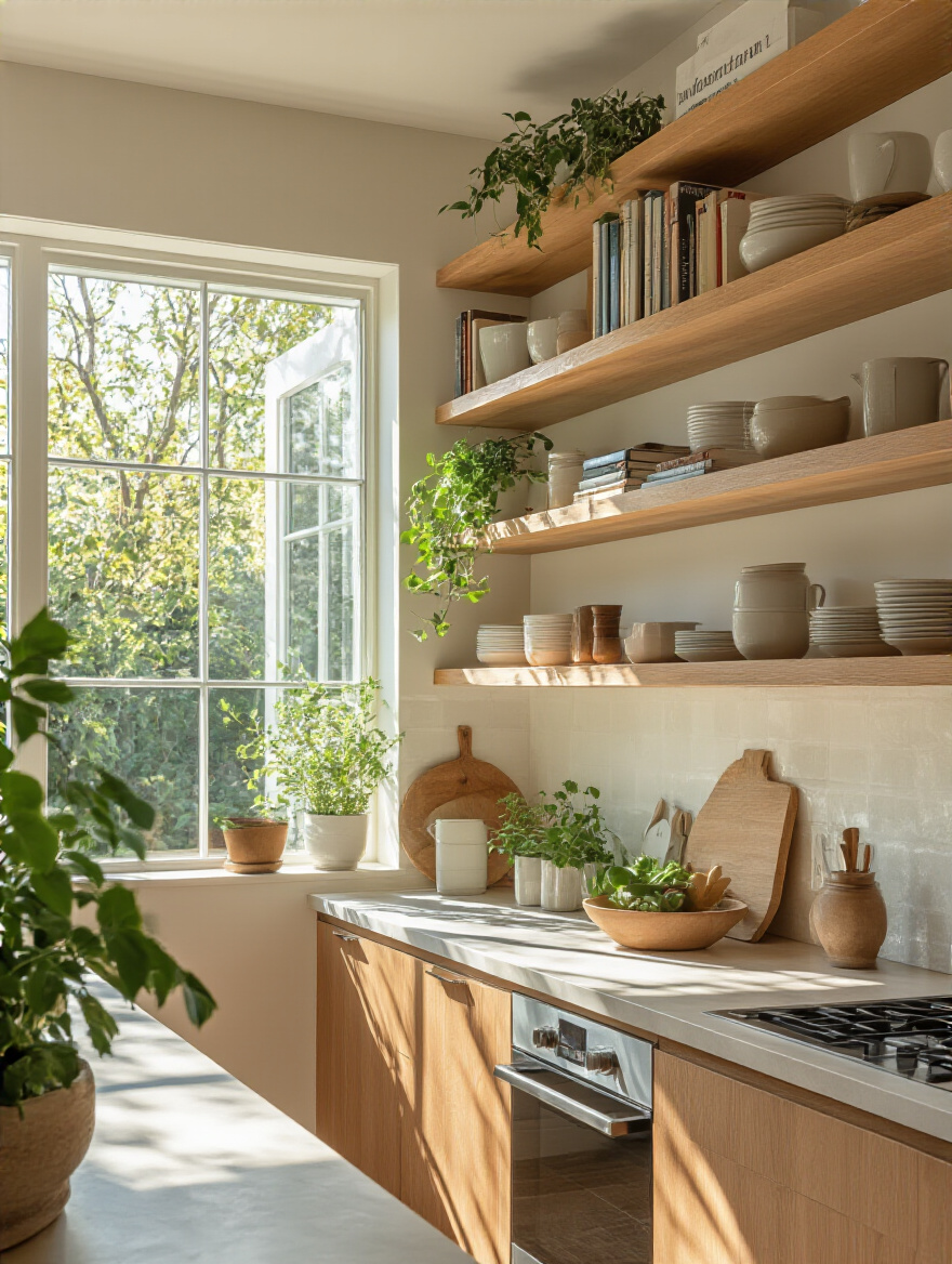 Modern kitchen with open shelving displaying curated items and natural light