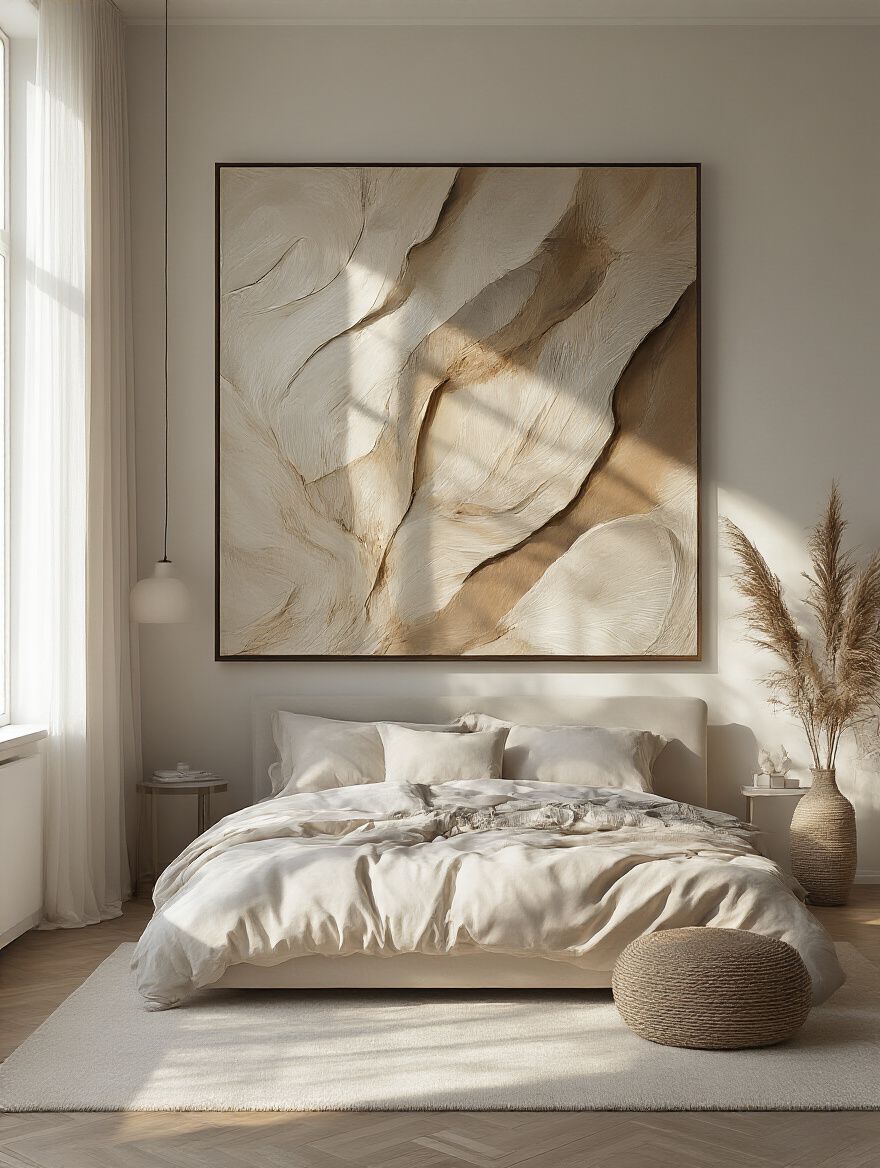 Oversized abstract painting in a modern bedroom above a stylish bed