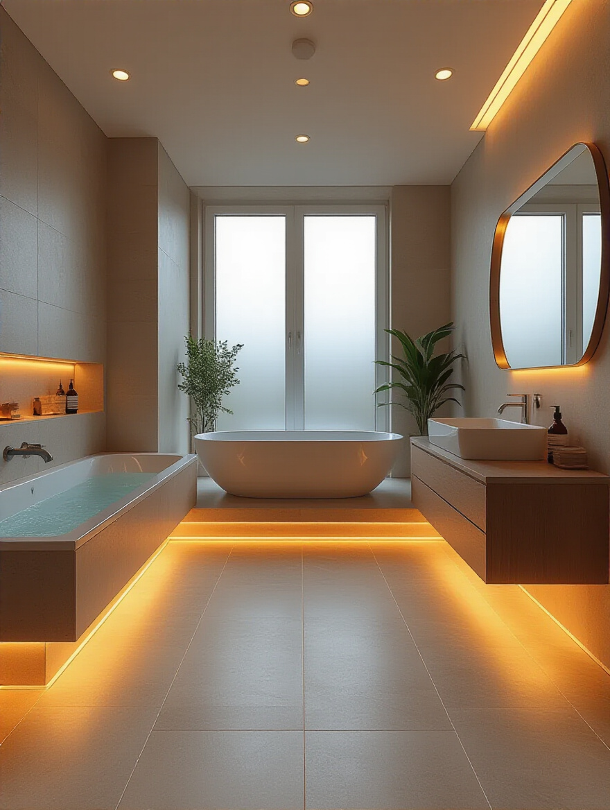 Modern bathroom with underfloor heating glowing warmly beneath large porcelain tiles, showcasing luxurious comfort and minimalist design