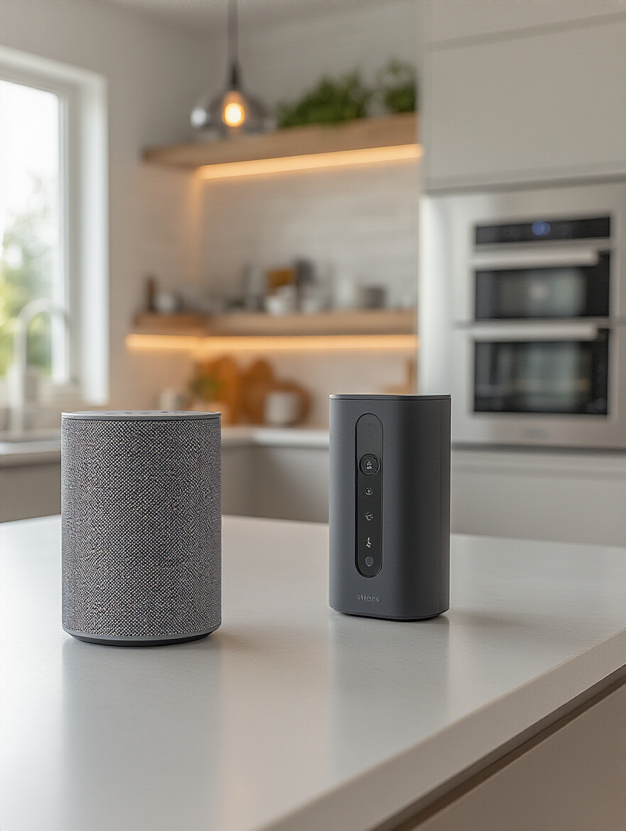 Modern kitchen countertop with a voice-activated assistant device and smart appliances, bright natural lighting