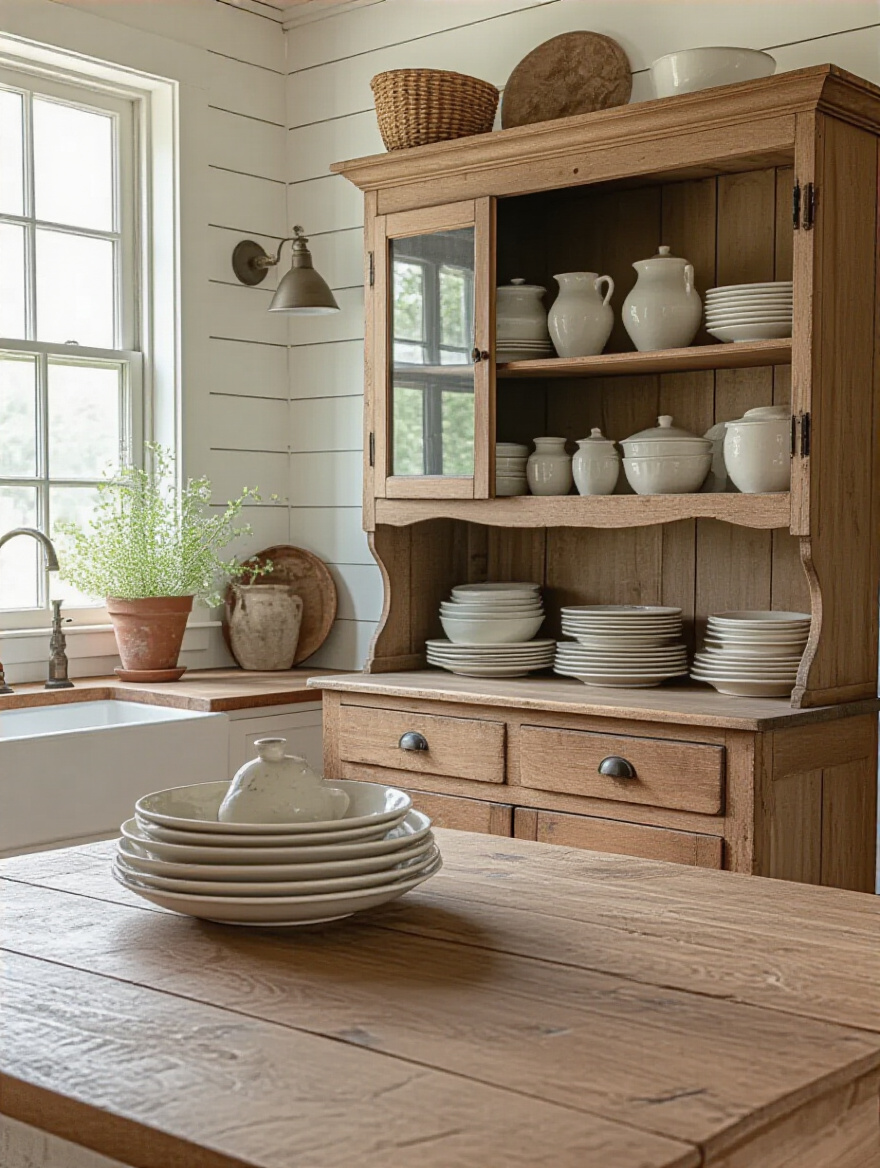 Farmhouse kitchen showcasing antique decor and flea market finds