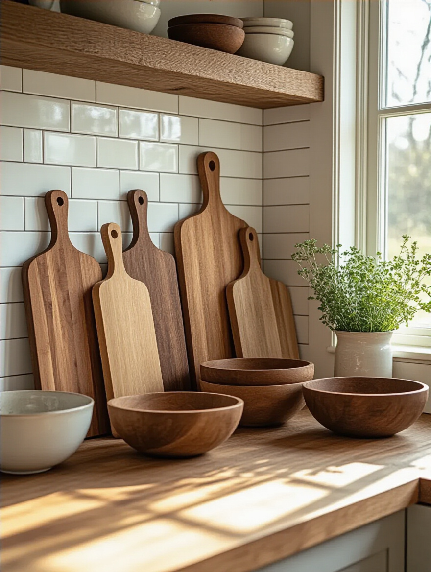 Farmhouse kitchen scene with cutting boards and wooden dough bowls as textured decor.