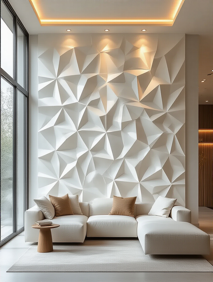 Modern living room with white geometric 3D wall panels accent wall featuring dynamic lighting and shadows