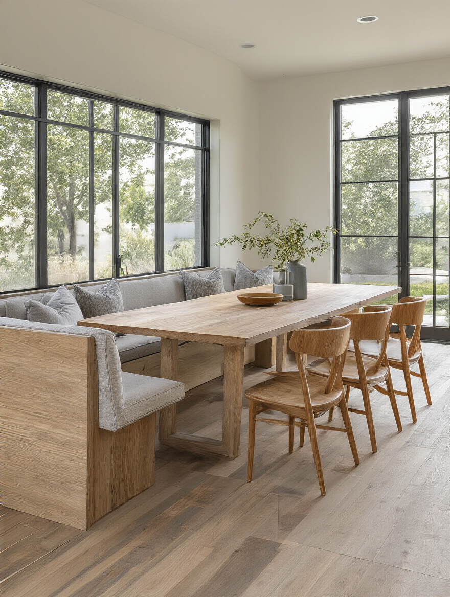 Modern dining room with mixed seating of chairs and upholstered bench under natural light