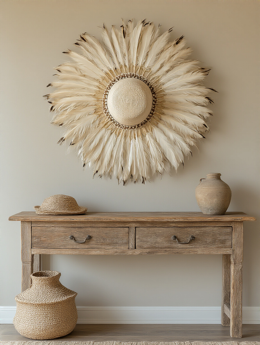 Boho living room wall decorated with a large authentic cream Juju hat mounted above a rustic wooden console table