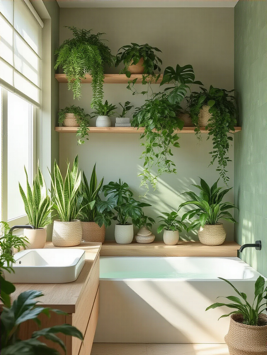 Modern bathroom interior with lush green plants showcasing biophilic design and natural elements