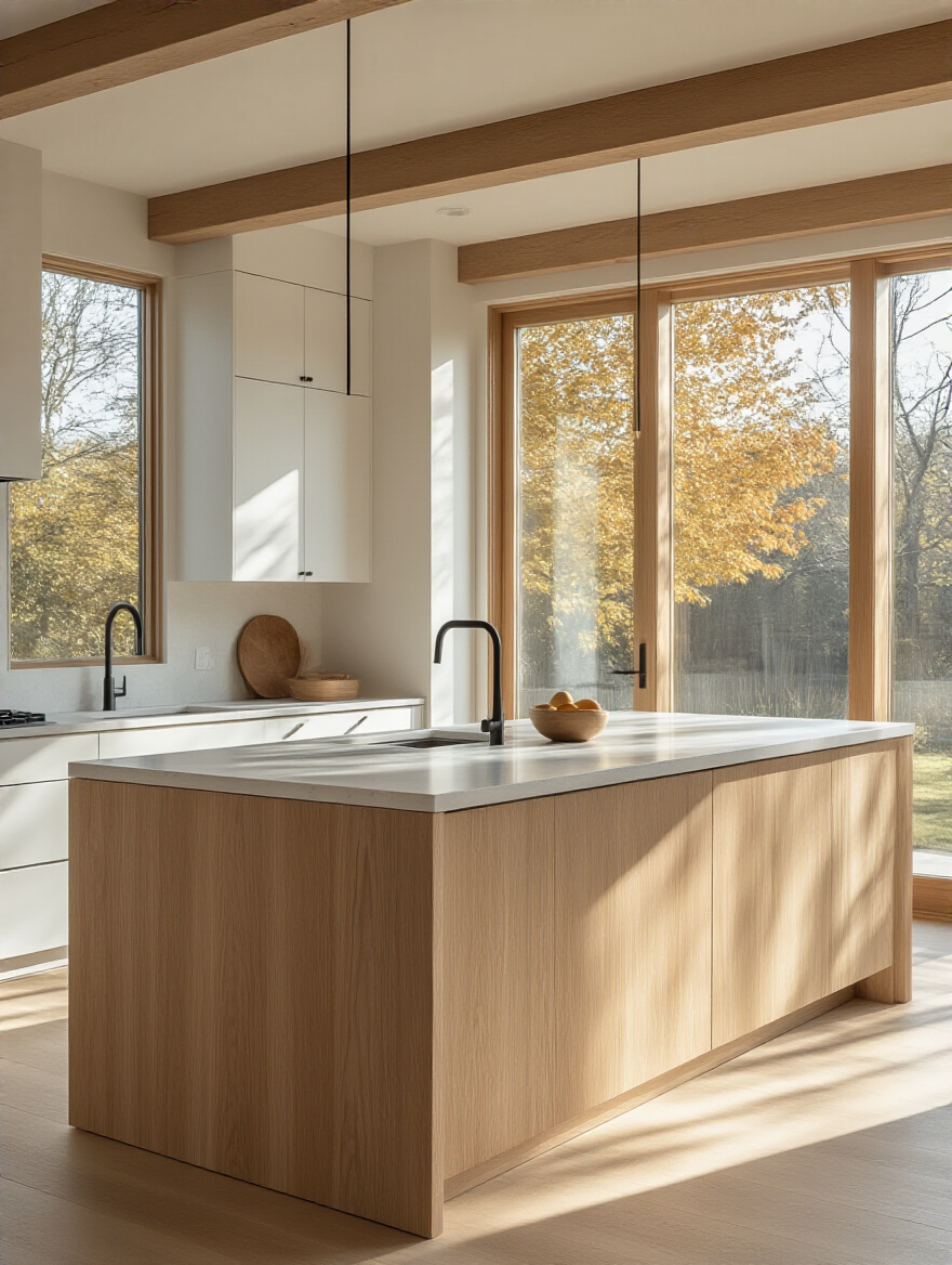 Modern kitchen portrait showing natural wood waterfall island with warm matte finish and minimalist white cabinetry under soft natural light