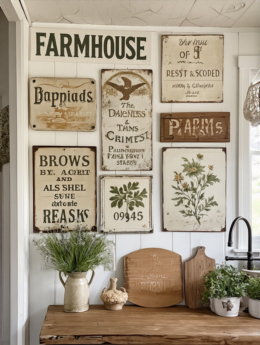 Cozy farmhouse kitchen wall decorated with vintage signs and artwork