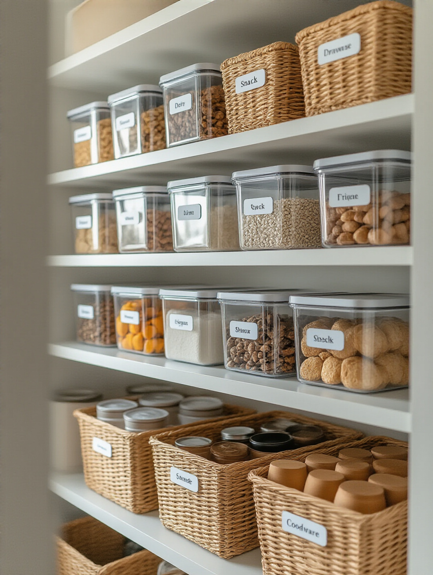 Organized kitchen pantry with clear vinyl labels on bins and containers for family-friendly kitchen organization