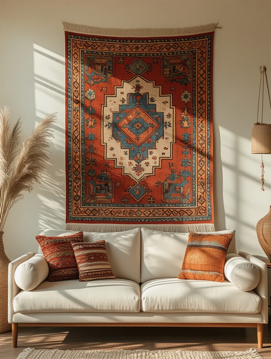 Boho living room with a large global-inspired textile tapestry hanging on the wall behind a cream sofa, showcasing warm colors and intricate patterns
