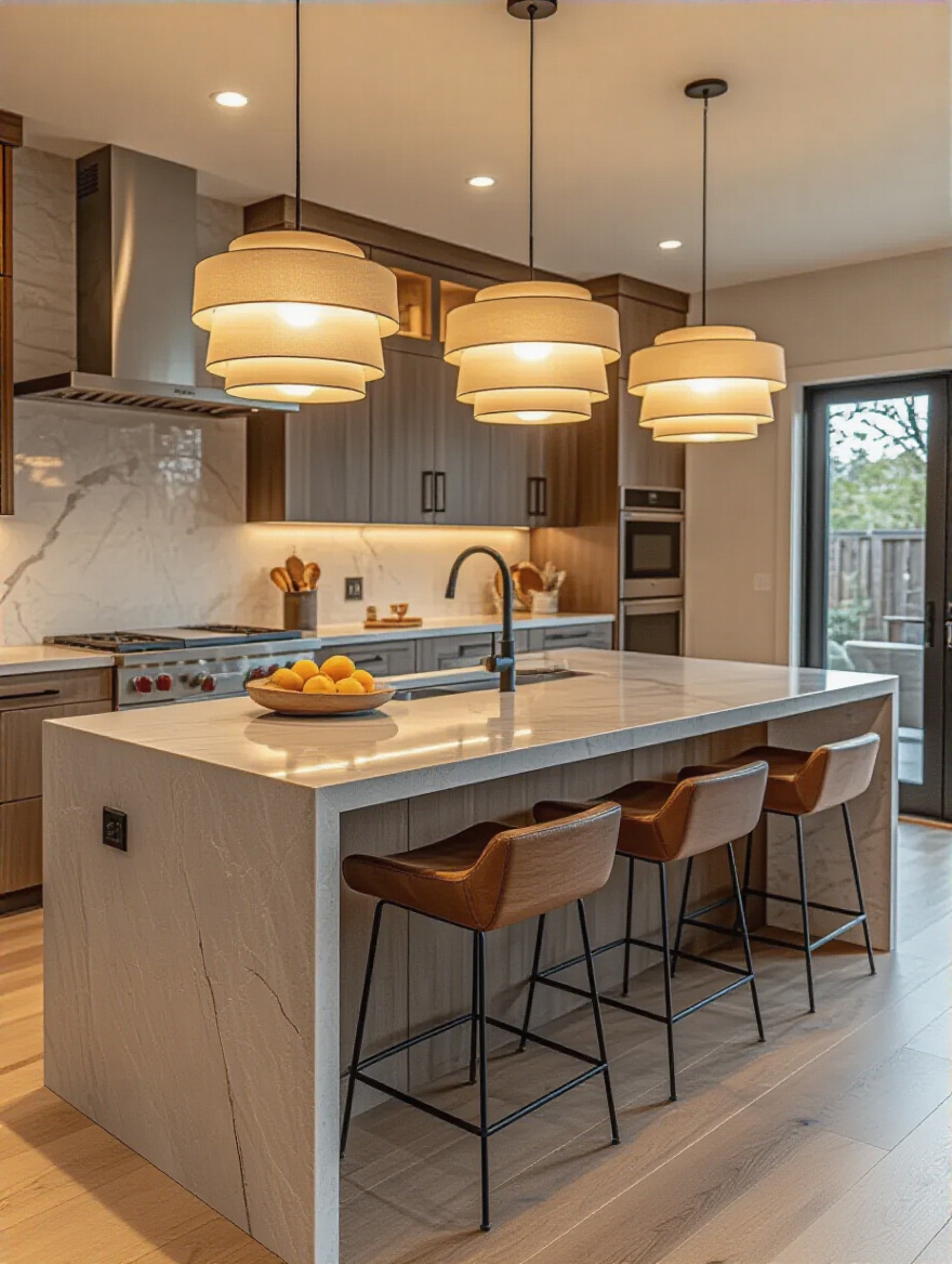 Modern kitchen island with layered unique lighting fixtures