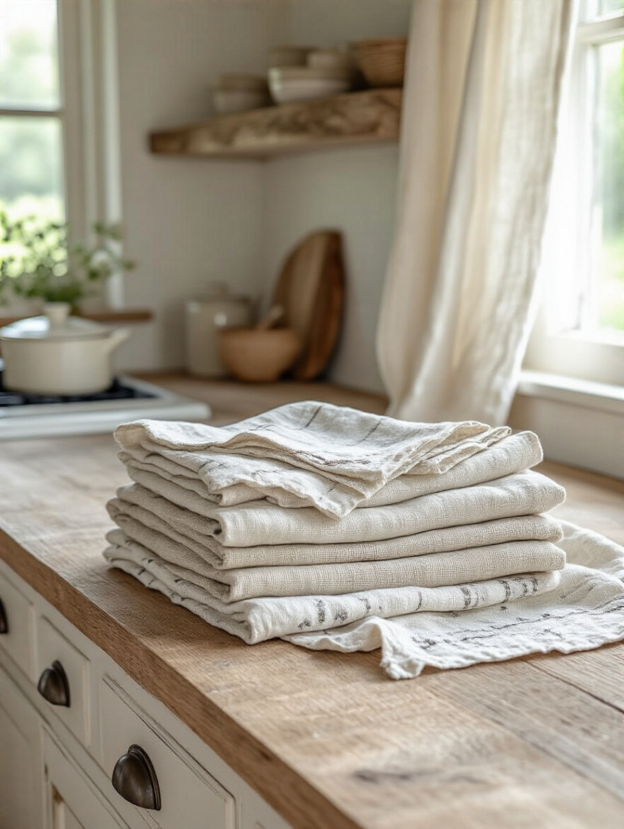 Cozy farmhouse kitchen with layered natural textiles like linen and cotton