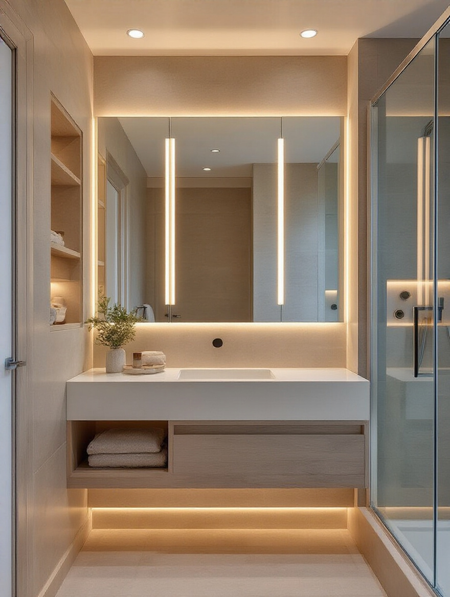 Modern bathroom with layered ambient, task, and accent lighting showcasing flexible mood setting