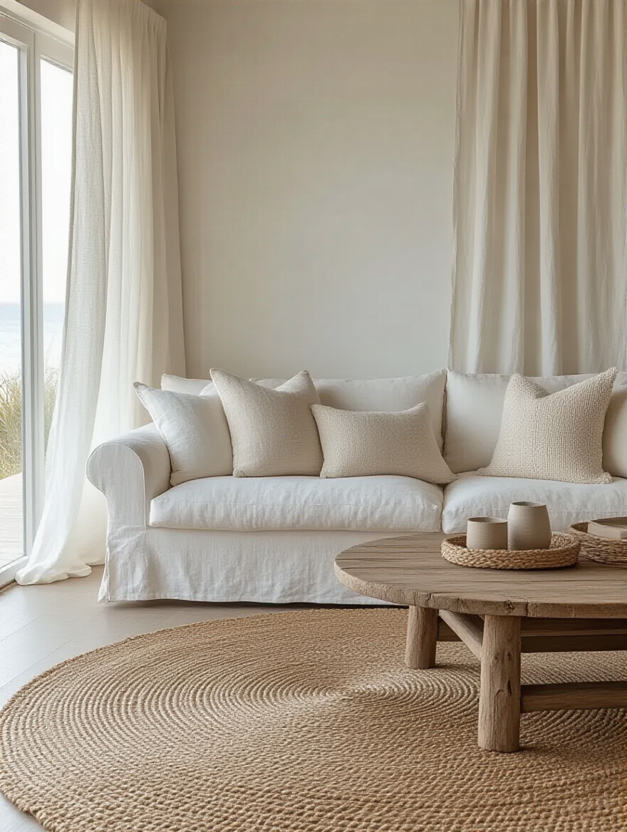 Coastal living room featuring luxurious linen and jute fabrics.