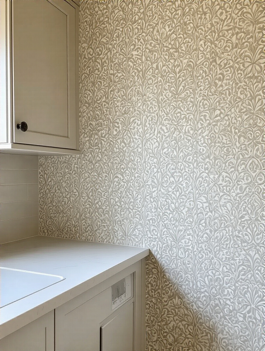 Portrait photo of laundry room wallpaper with perfectly aligned panels and crisp, invisible seams