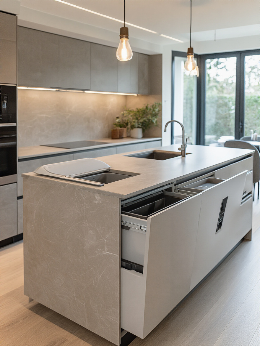 Modern kitchen island with integrated smart waste management systems including pull-out bins and touchless lids.