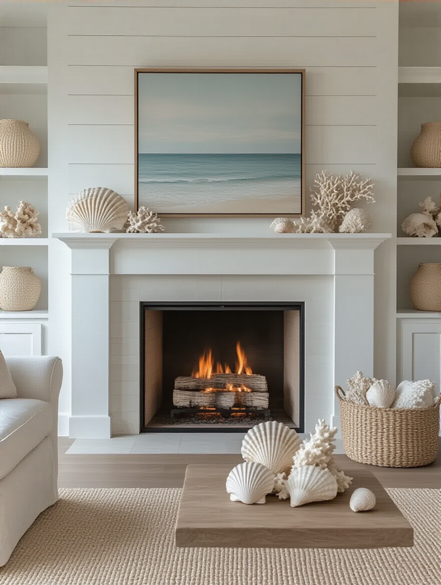 Calming coastal fireplace as a focal point in a serene living room