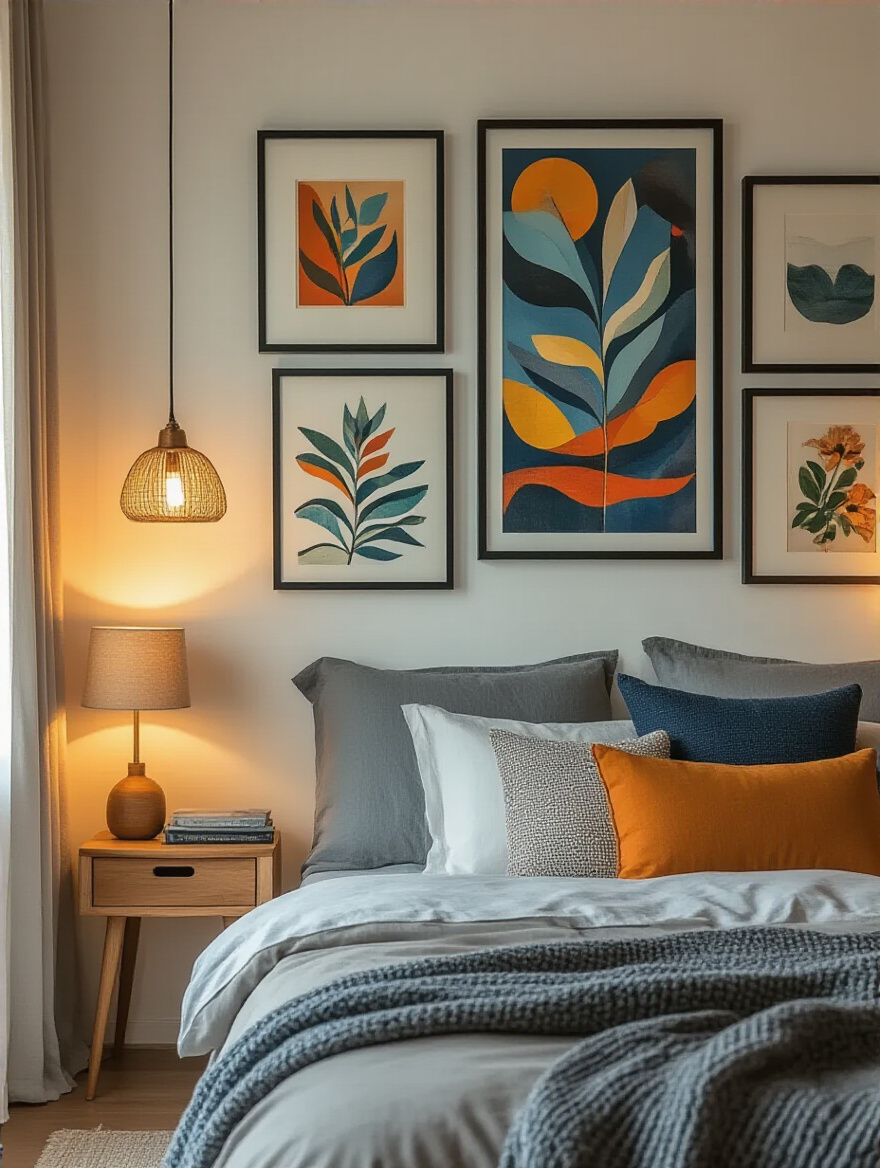 Bedroom wall decor with art hung at eye level for optimal viewing comfort