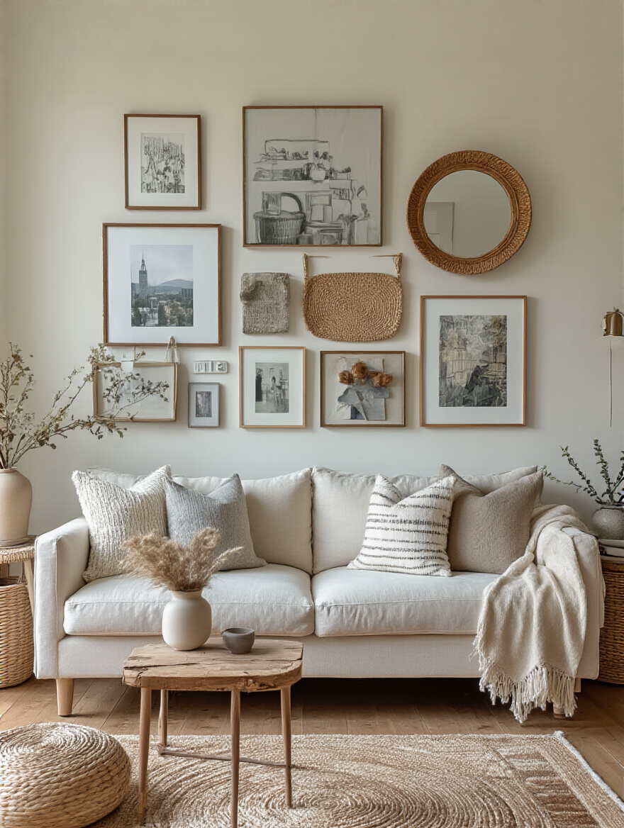 Living room wall featuring a dynamic gallery wall arrangement with varied framed art and decorative objects