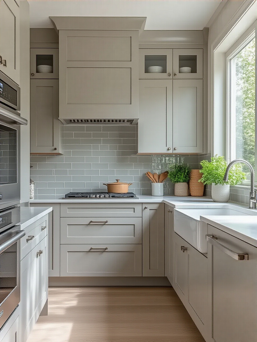 A modern kitchen with matching cabinet hues and backsplash showcasing seamless color integration.