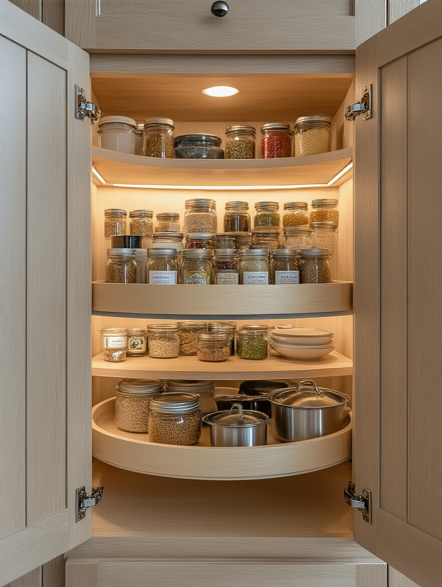 Open corner kitchen cabinet with installed Lazy Susan organizer fully stocked with spices and cookware, showing efficient use of space