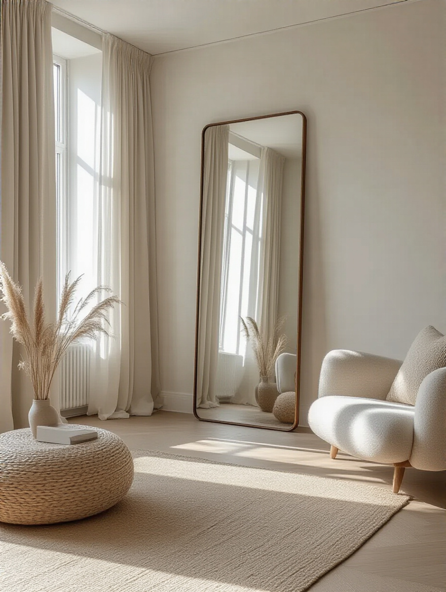 Modern living room with large floor-to-ceiling mirror reflecting natural light and expanding space
