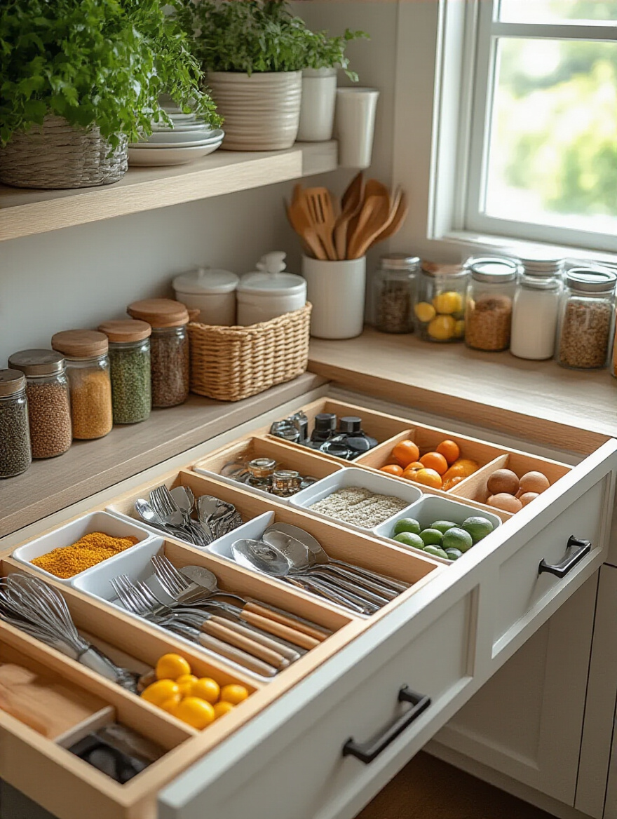 Organized kitchen drawer with inexpensive drawer and cabinet organizers