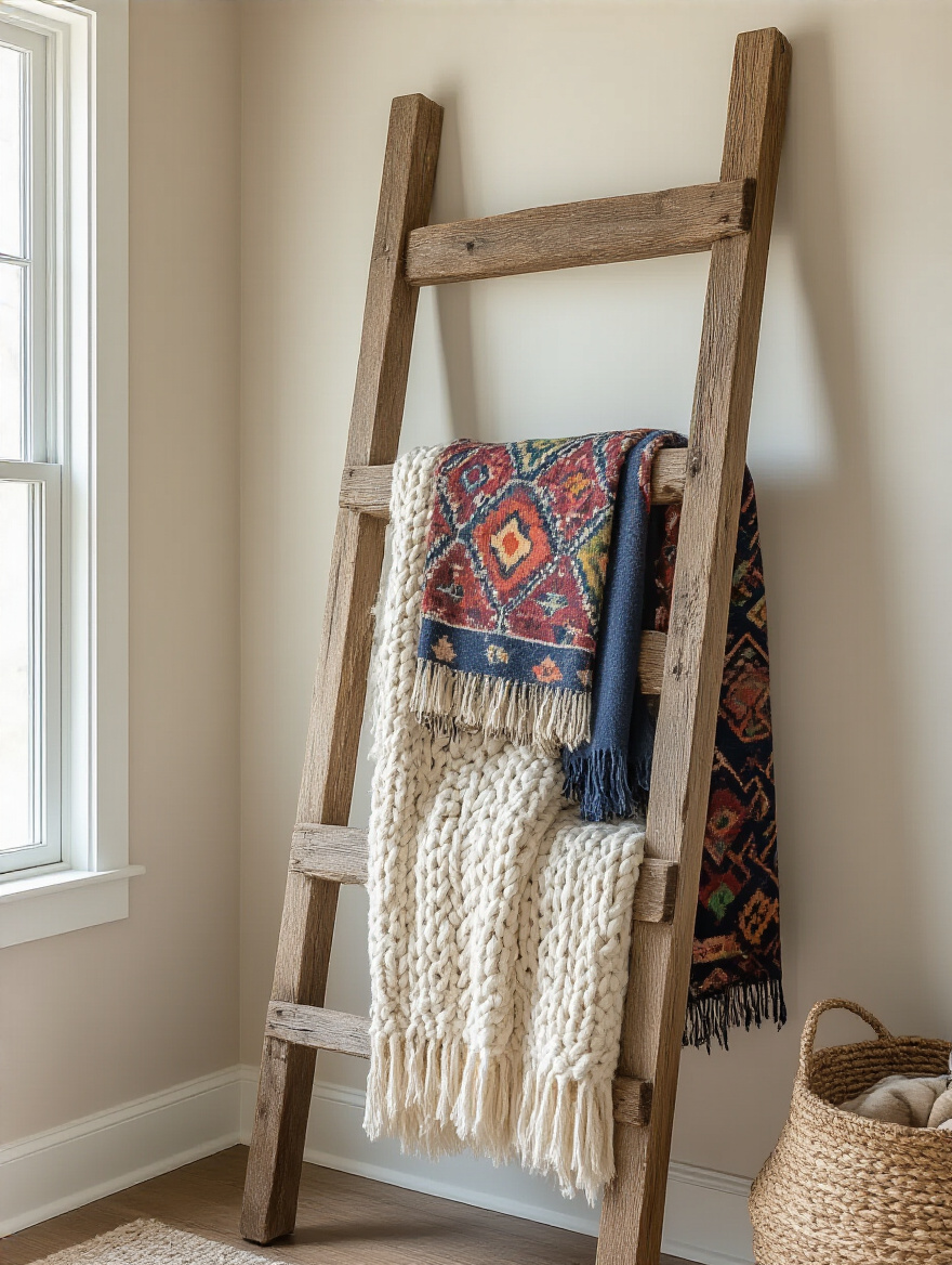 Reclaimed wood blanket ladder with boho blankets draped, propped against a beige wall in a cozy boho living room corner