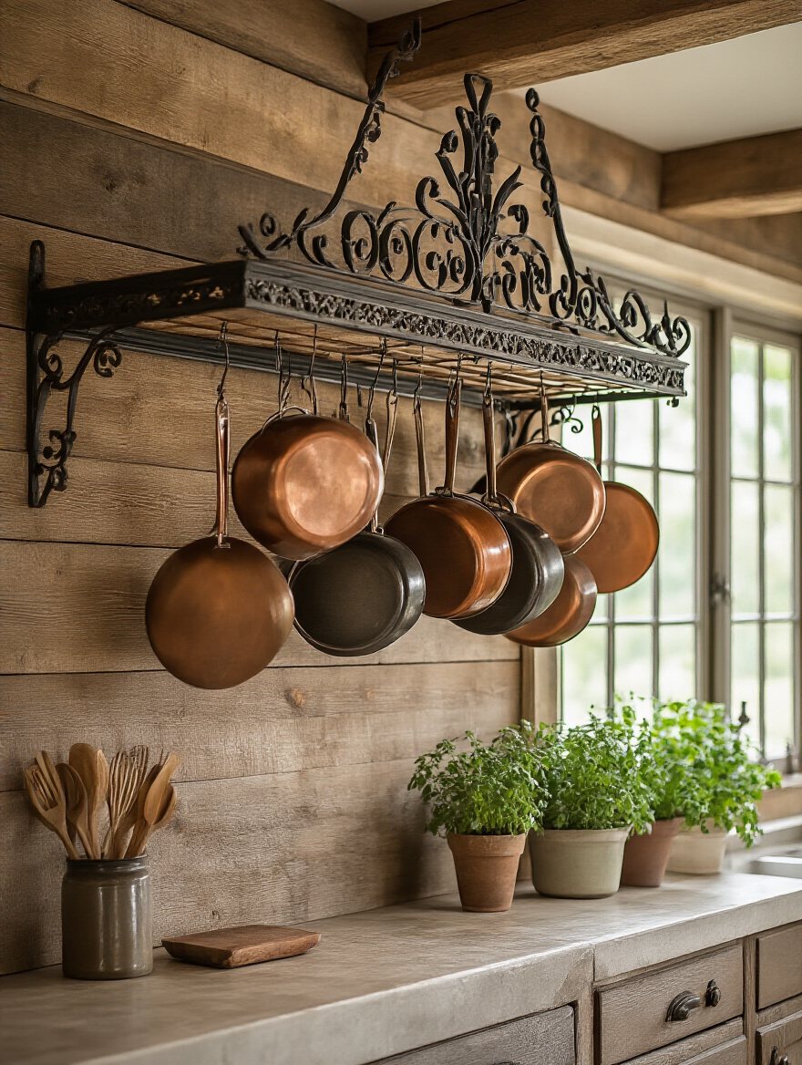 Farmhouse kitchen with a decorative wrought iron pot rack displaying pots and pans against a rustic wooden wall.