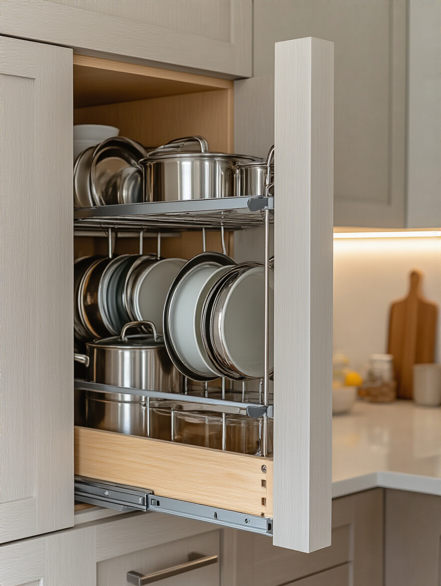 Kitchen cabinet door opened showing mounted lid organizer holding pot and pan lids vertically