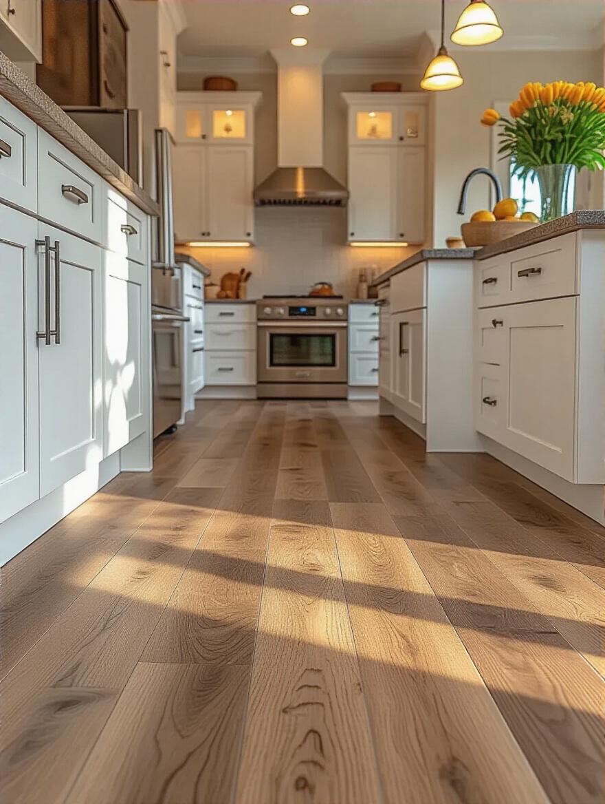 Stylish kitchen featuring budget-friendly luxury vinyl plank flooring.