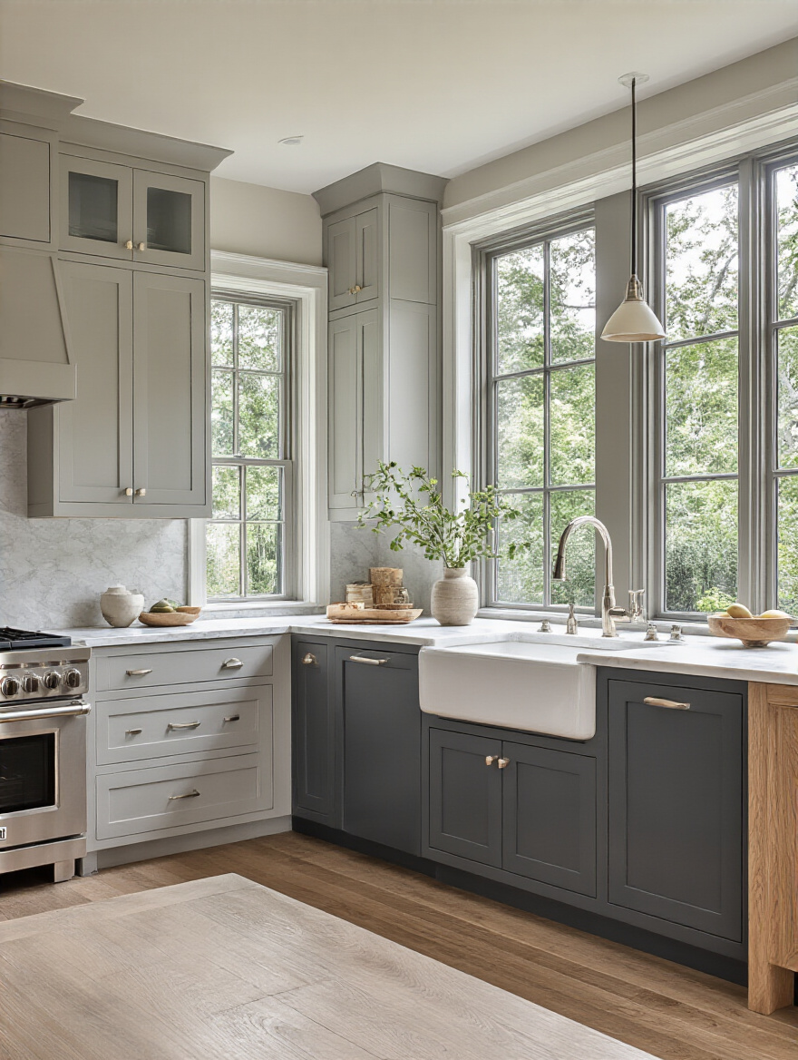 Sophisticated kitchen featuring versatile grey cabinets and natural wood accents